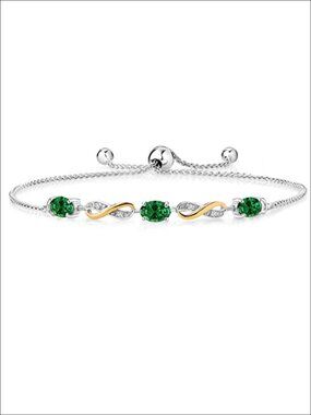 925 Silver 10K Yellow Gold Infinity Bracelet Oval Created Emerald Lab Grown